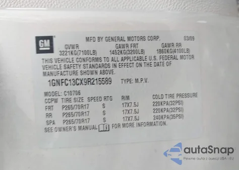 2009 Chevrolet Tahoe Ls z USA, uszkodzony, nr VIN 1GNFC13CX9R215589